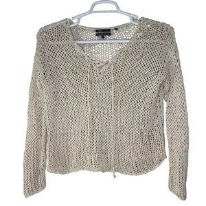 Vince Sweater Women Small Knitted By Hand Beige Cotton V Neck Lace Up Beach Boho